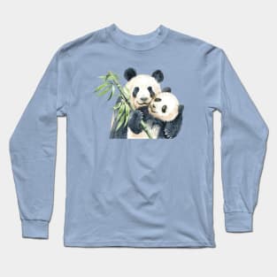 Mom panda baby bamboo watercolor hand drawn Long Sleeve T-Shirt